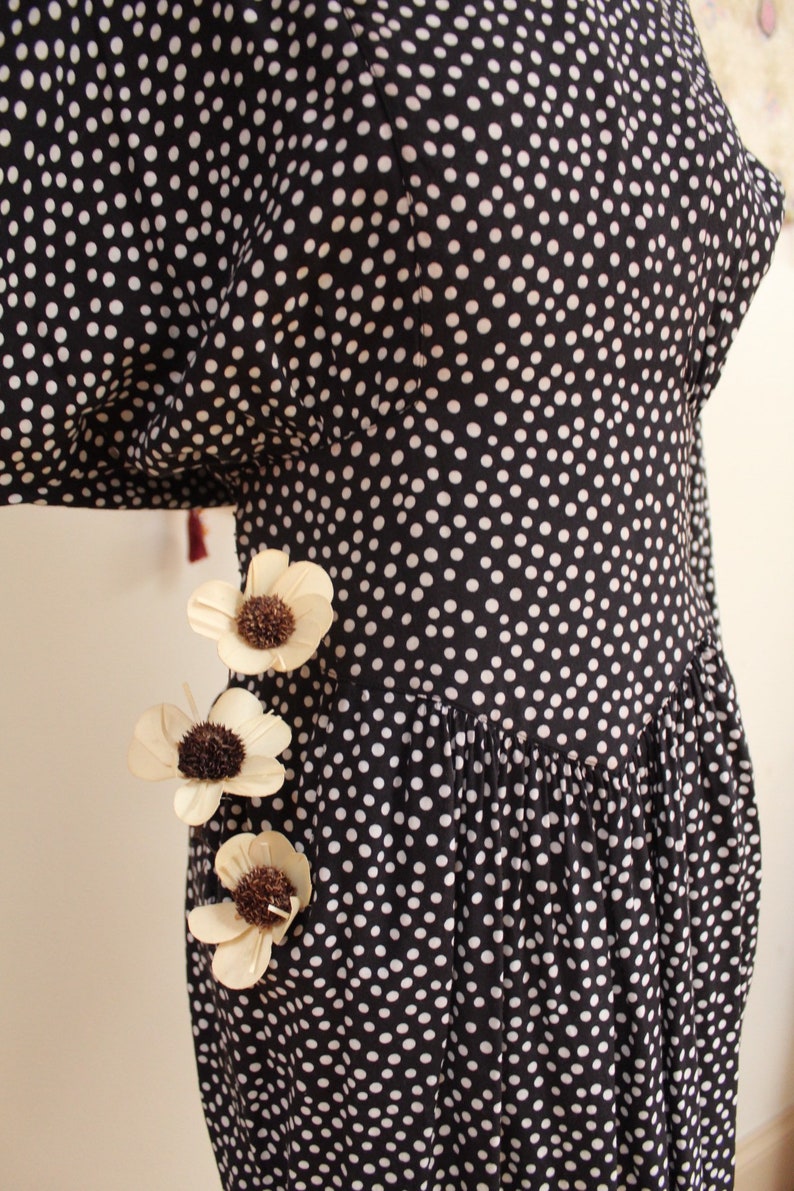 Vintage 1980s Long Batwing Sleeve Black and White Polka Dotted Dress. image 3