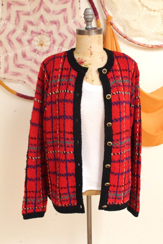 Vintage 1990s Red Plaid Knit Tweed Blazer- Large