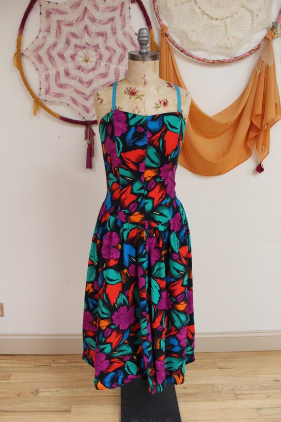 Vintage 1980s Bold Tropical Flower Print Dress- La