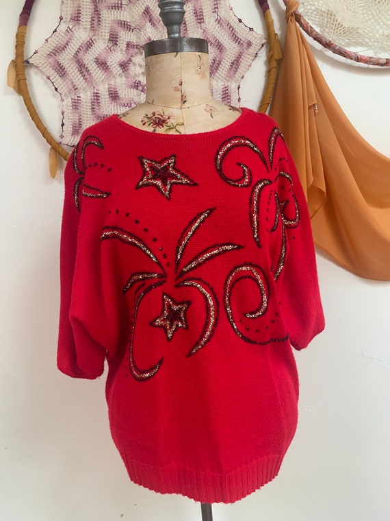 Vintage 1980s Red Knit Beaded Dolman Sleeve Sweat… - image 2