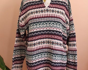 Vintage 1990s Knit Cotton Printed Casual Long Henley Tunic Sweater - Size Medium-Large