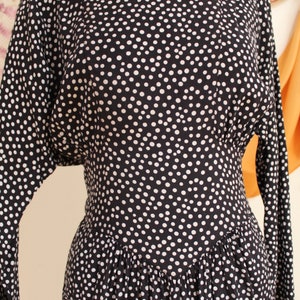 Vintage 1980s Long Batwing Sleeve Black and White Polka Dotted Dress. image 7