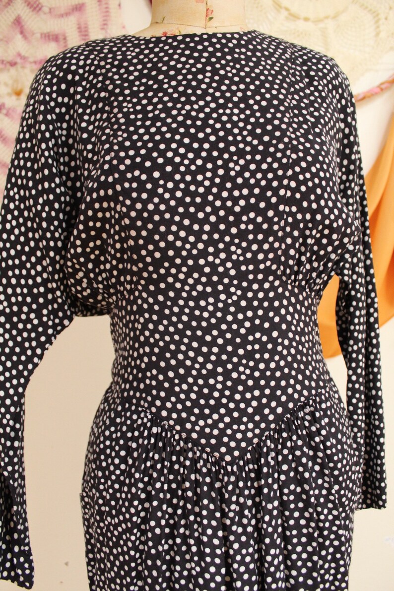 Vintage 1980s Long Batwing Sleeve Black and White Polka Dotted Dress. image 7