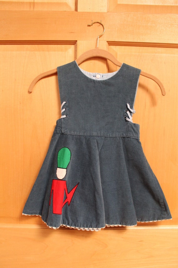 Vintage 1960s Blue Corduroy Little Girls Dress- S… - image 1