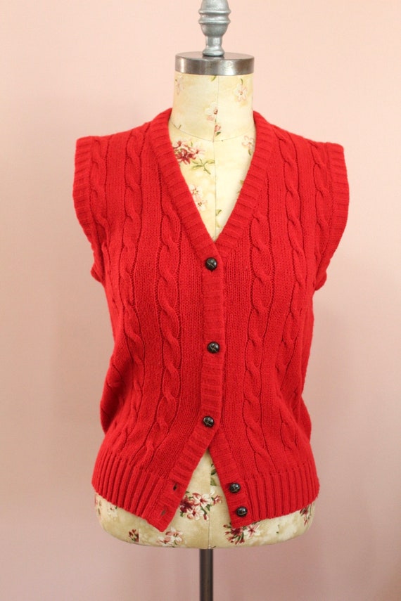 Vintage 1980s Red Cable Knit Sweater Vest- Size- M