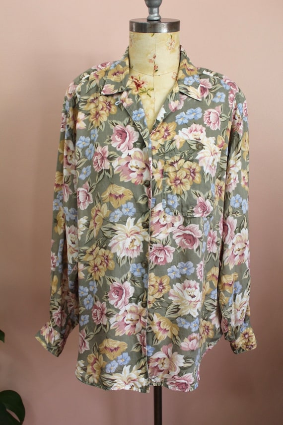 Vintage 1980s Floral Printed Button Down Blouse- S