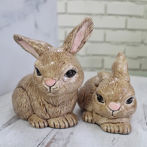 Vintage Handmade Handpainted Ceramic Rabbit Figurines Pair of Bunnies