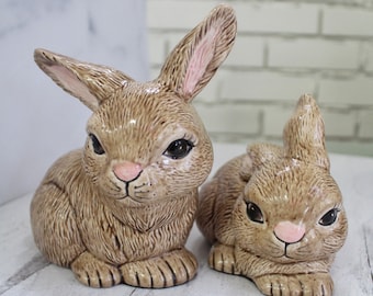 Vintage Handmade Handpainted Ceramic Rabbit Figurines Pair of Bunnies
