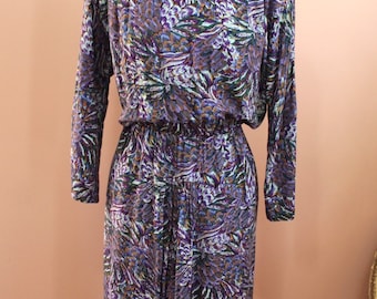 Vintage 1980s Purple Print Dolman Sleeve Dress- Size Large- XLarge