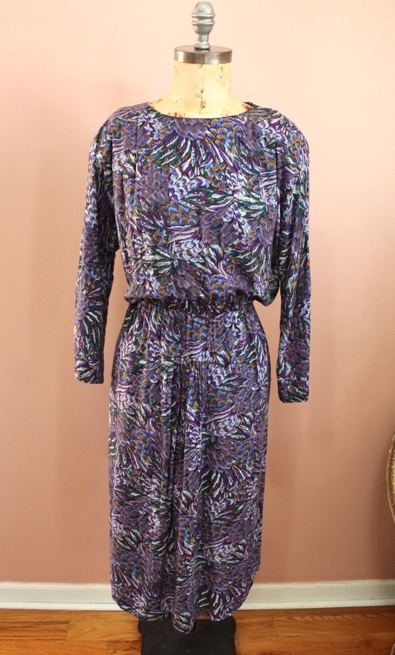 Vintage 1980s Purple Print Dolman Sleeve Dress- Si