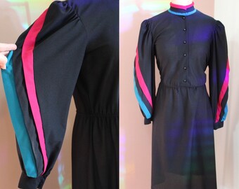 vintage années 1980 Robe noire à manches longues et épaule bouffante avec rose et turquoise - Taille moyenne-grande