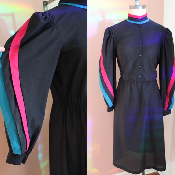 Vintage 1980s Long Sleeve Puff Shoulder Black Dress w/ Pink and Turquoise- Size Medium-Large