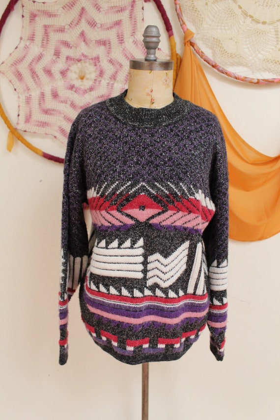 Vintage 1980s Sweater Geometric Printed Knit Silve