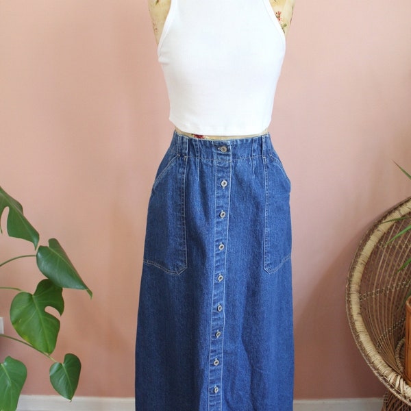 Vintage 1990s Long Denim Button Down Skirt- Size Med