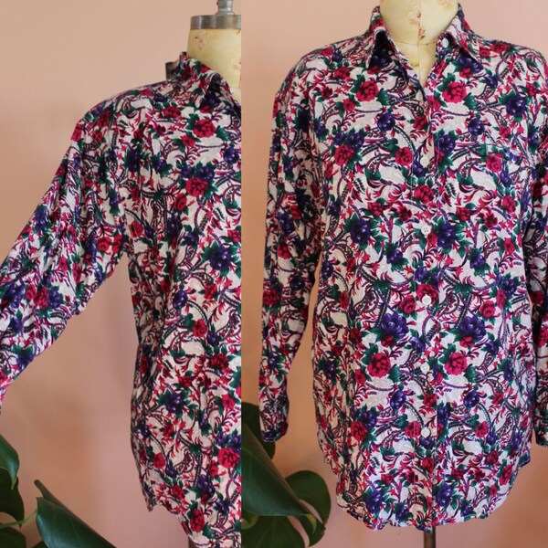 Vintage 1980s Floral Printed Button Down Blouse- Size Small