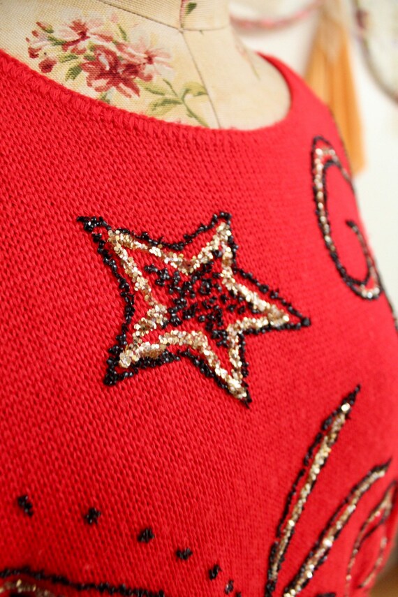 Vintage 1980s Red Knit Beaded Dolman Sleeve Sweat… - image 9