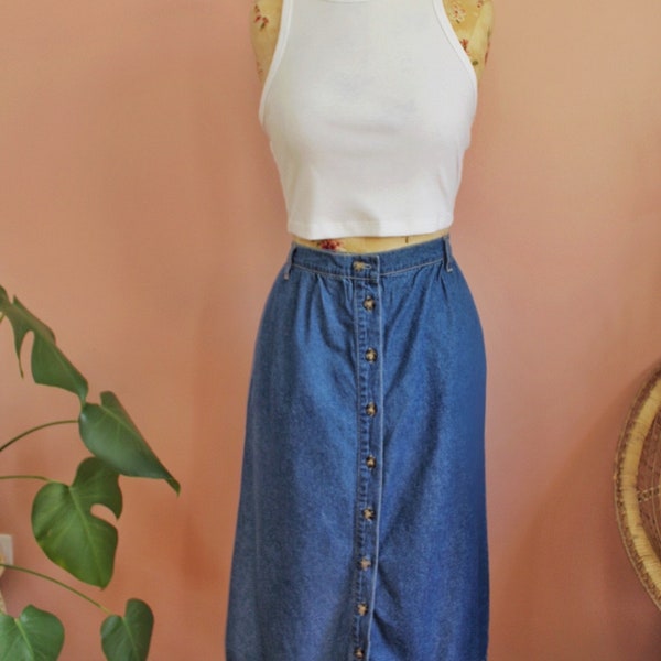Vintage 1990s Midi Button Down Denim Skirt- Size Medium Petite