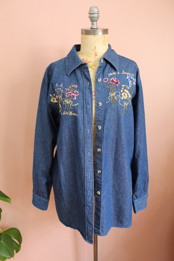 Vintage 1990s Denim Button Down w/ Embroidered Fl… - image 1