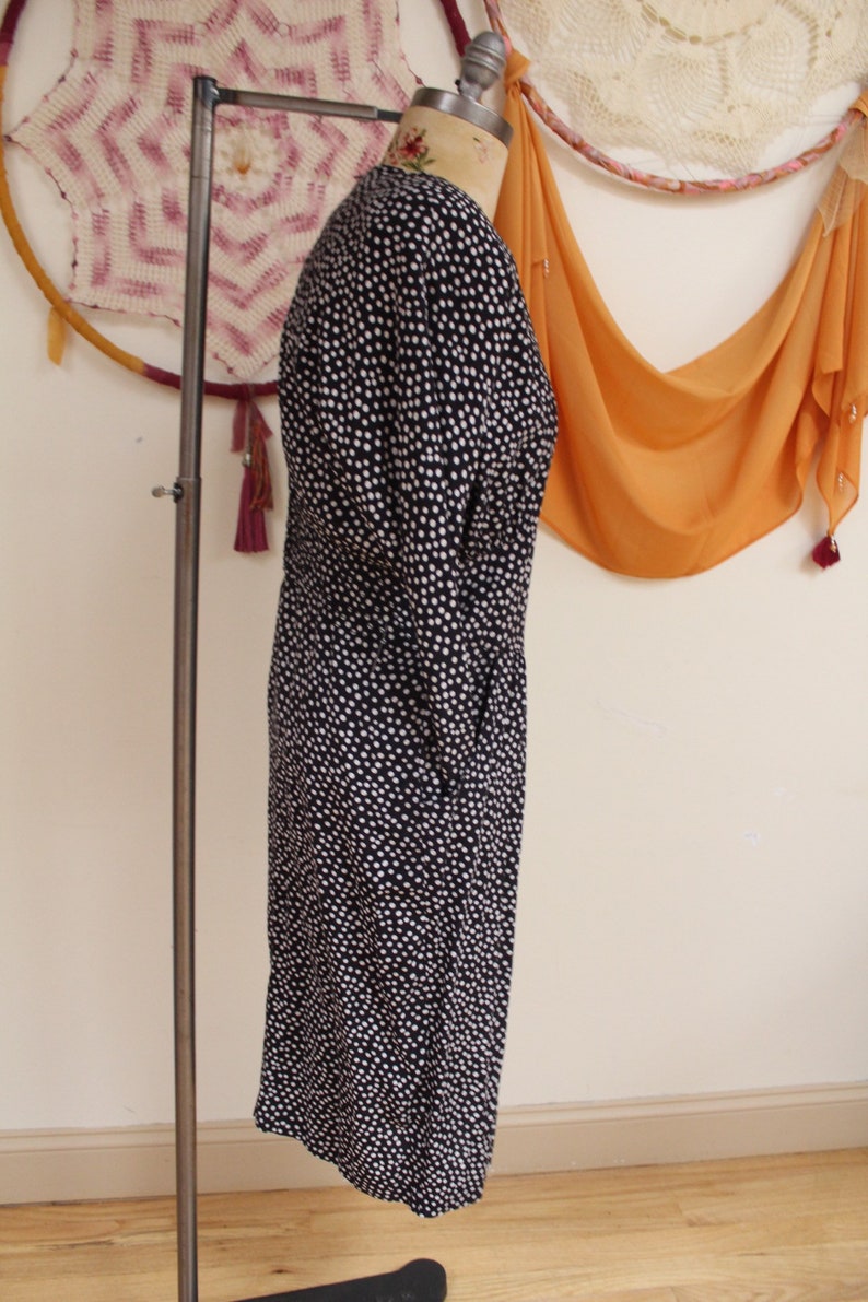 Vintage 1980s Long Batwing Sleeve Black and White Polka Dotted Dress. image 6