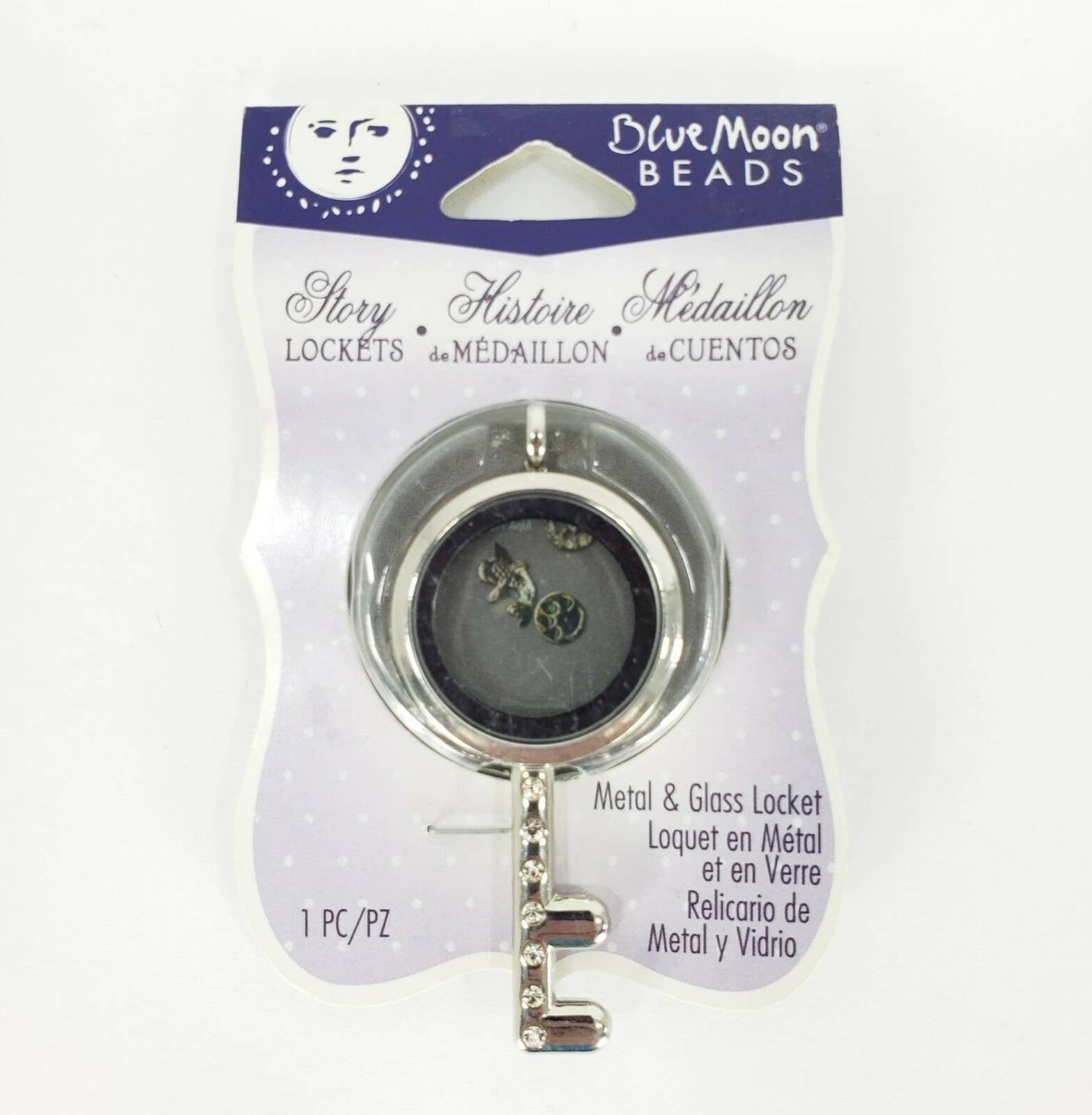 Blue Moon Beads 1pc Story Locket Key Shape Silver Metal Glass