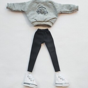 May include: A doll outfit set with a grey sweatshirt with the word "Friendship" printed on it, black leggings, and white sneakers.