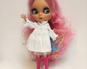Lalka Blythe z ruchomym ciałem naga długie różowe włosy 30 cm BJD