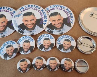 Pines/botones/imanes personalizados conmemorativos, de recuerdo y para funerales.