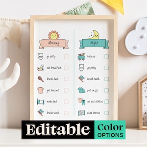 Kids Printable Chore Chart, Morning and Night Routine List, Editable Canva Kids Routine