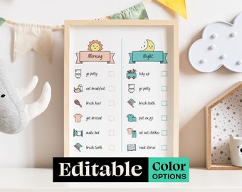 Kids Printable Chore Chart, Morning and Night Routine List, Editable Canva Kids Routine
