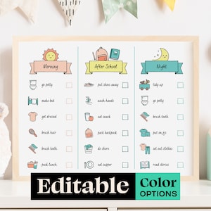 Peut inclure: Une liste de contrôle imprimable pour les enfants avec trois sections : Matin, Après l’école et Soir. Chaque section a une icône de dessin animé et une liste de tâches avec des cases à cocher. La liste de contrôle est modifiable et propose des options de couleur.