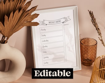 Weekly Meal Planner -  Minimalist Weekly Menu - Printable - Editable - SVG Meal Planner