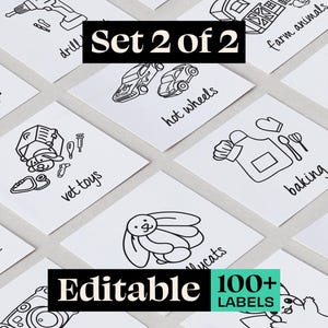 Puede incluir: Un conjunto de etiquetas cuadradas blancas con dibujos lineales negros y texto manuscrito. Las etiquetas presentan ilustraciones de juguetes, artículos de cocina y animales. El texto incluye "Set 2 of 2", "Editable" y "100+ LABELS".