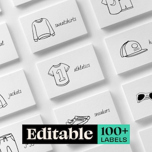 Afdrukbare ladelabels voor kinderkleding en -accessoires, minimalistische opbergruimte en organisatie kinderkamer