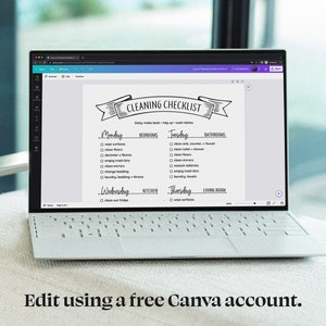 K&ouml;nnte beinhalten: Eine Reinigungscheckliste auf einem Laptop-Bildschirm. Die Checkliste ist in t&auml;gliche Aufgaben f&uuml;r jeden Tag der Woche unterteilt, mit Kategorien f&uuml;r Schlafzimmer, Badezimmer, K&uuml;che und Wohnzimmer. Der Text auf dem Bildschirm lautet "Reinigungscheckliste" und "T&auml;glich Betten machen - aufr&auml;umen - Geschirr sp&uuml;len".