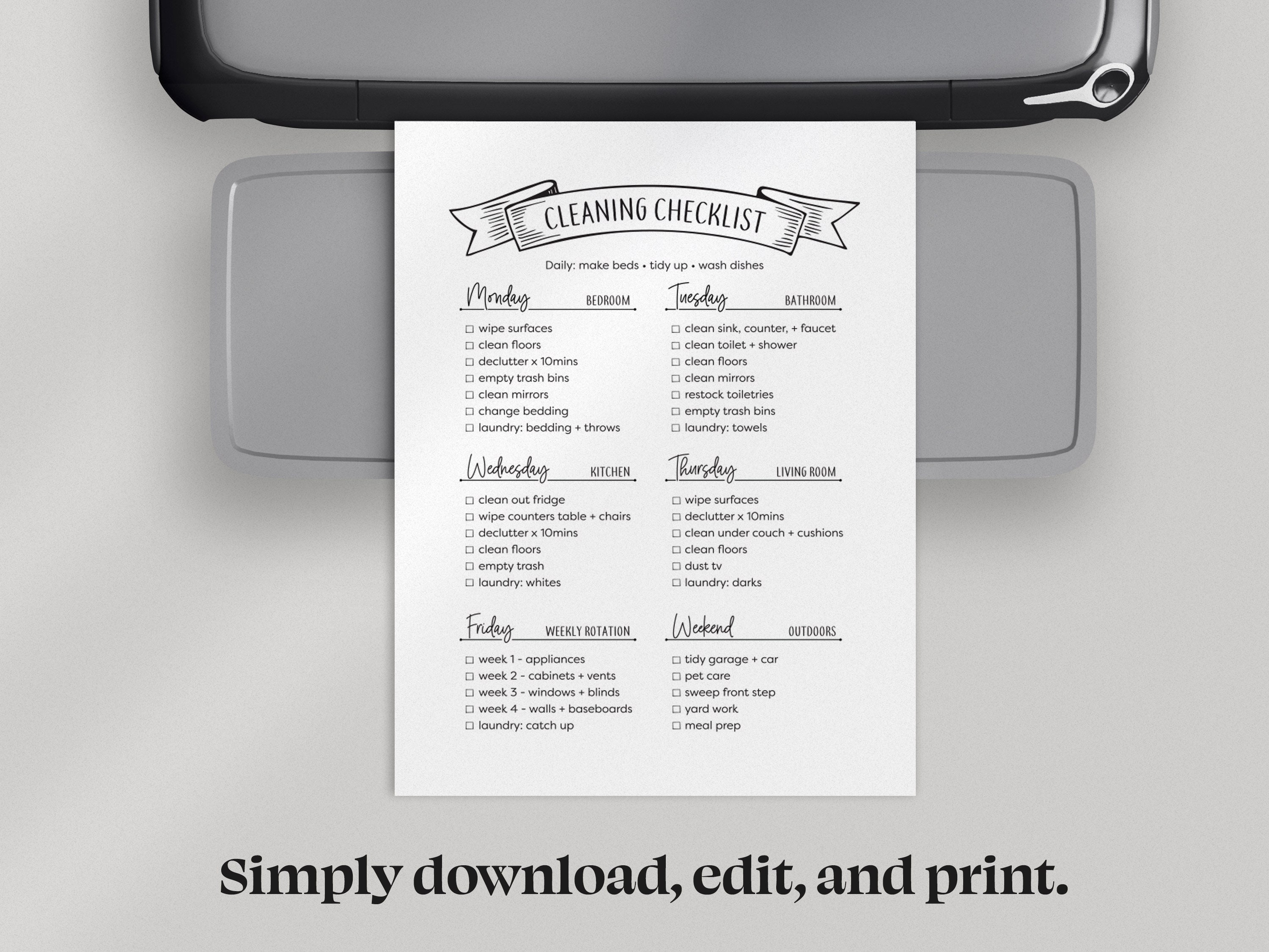 Minimalist Cleaning Checklist Printable , Weekly Cleaning Schedule ...