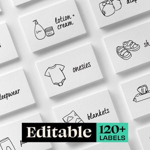 Afdrukbare en bewerkbare ladelabels voor babykleding en -accessoires, minimalistische opbergruimte en organisatie van de babykamer, label-svg's
