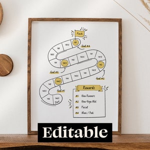 Puede incluir: Un gráfico de seguimiento de fitness imprimible con un camino sinuoso que lleva a una línea de meta. El gráfico incluye objetivos numerados y recompensas por alcanzar cada objetivo. Las recompensas incluyen nuevas zapatillas para correr, una nueva esterilla de yoga, un tratamiento facial y una manicura y pedicura.