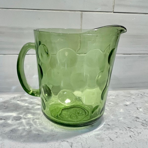 Large Vintage Hazel Atlas Eldorado Green Glass Pitcher with Ice Lip, Retro Large Polka Dot Green Pitcher, Vintage Kitchen Pitcher