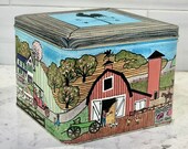 Square Vintage Red Barn and Farm House Scene Tin Box, Vintage Tin Storage Container, Farmhouse Tin