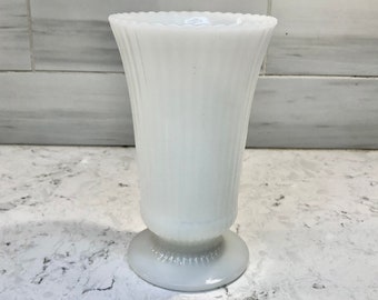 E. O. Brody Vintage Milk Glass Pedestal Vase With Ribbed Stripes, Ruffled Edge Milk Glass Vase, Stamped Cleveland, Ohio, USA