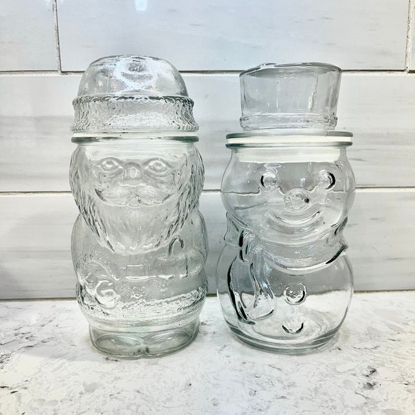 Vintage Libby Glass Jars Snowman and Santa Claus, Libby Clear Glass Christmas Canisters, Snowman Glass Canister, Santa Glass Canister
