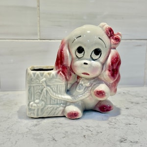 Vintage Small Dog Planter, Vintage Japan Dog Planter, Vintage Dog Succulent Planter, Dog Lover Gift, Ceramic Dog Planter with Pink Accents