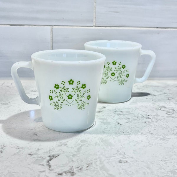 Vintage Pyrex Green Honeydew Milk Glass Mugs, Set of 2, White Milk Glass Mug Set with Green Floral Design, 2 Sided Milk Glass Pyrex Mugs