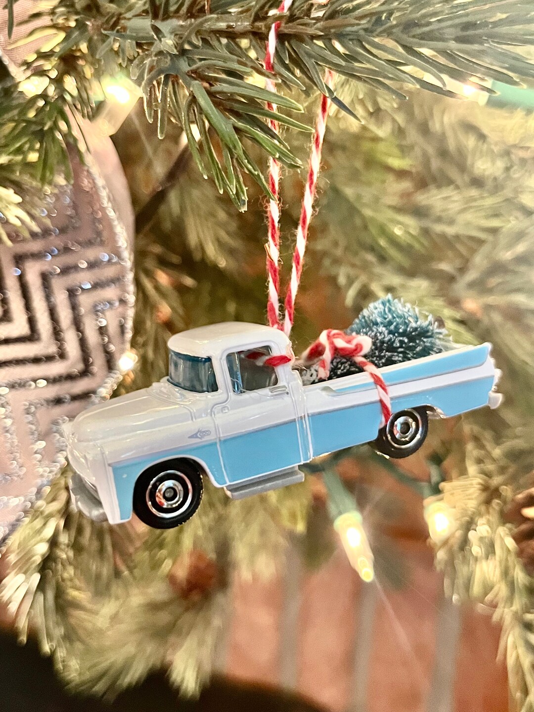 Classic Truck Christmas Tree Ornament With Tree, Die Cast Truck With ...