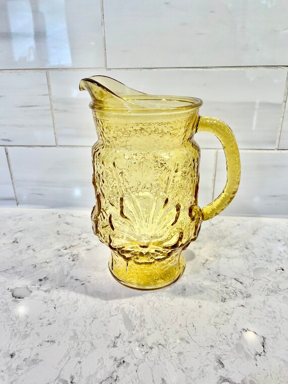 Vintage Anchor Hocking Yellow Glass Flower Pitcher Retro Etsy