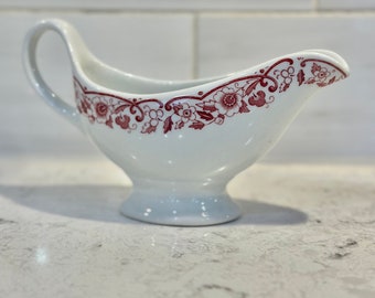 Vintage Porcelain Ceramic Transferware Gravy Boat/Pitcher with Floral Design, Burgandy Transferware Gravy Boat, Vintage Gravy Boat