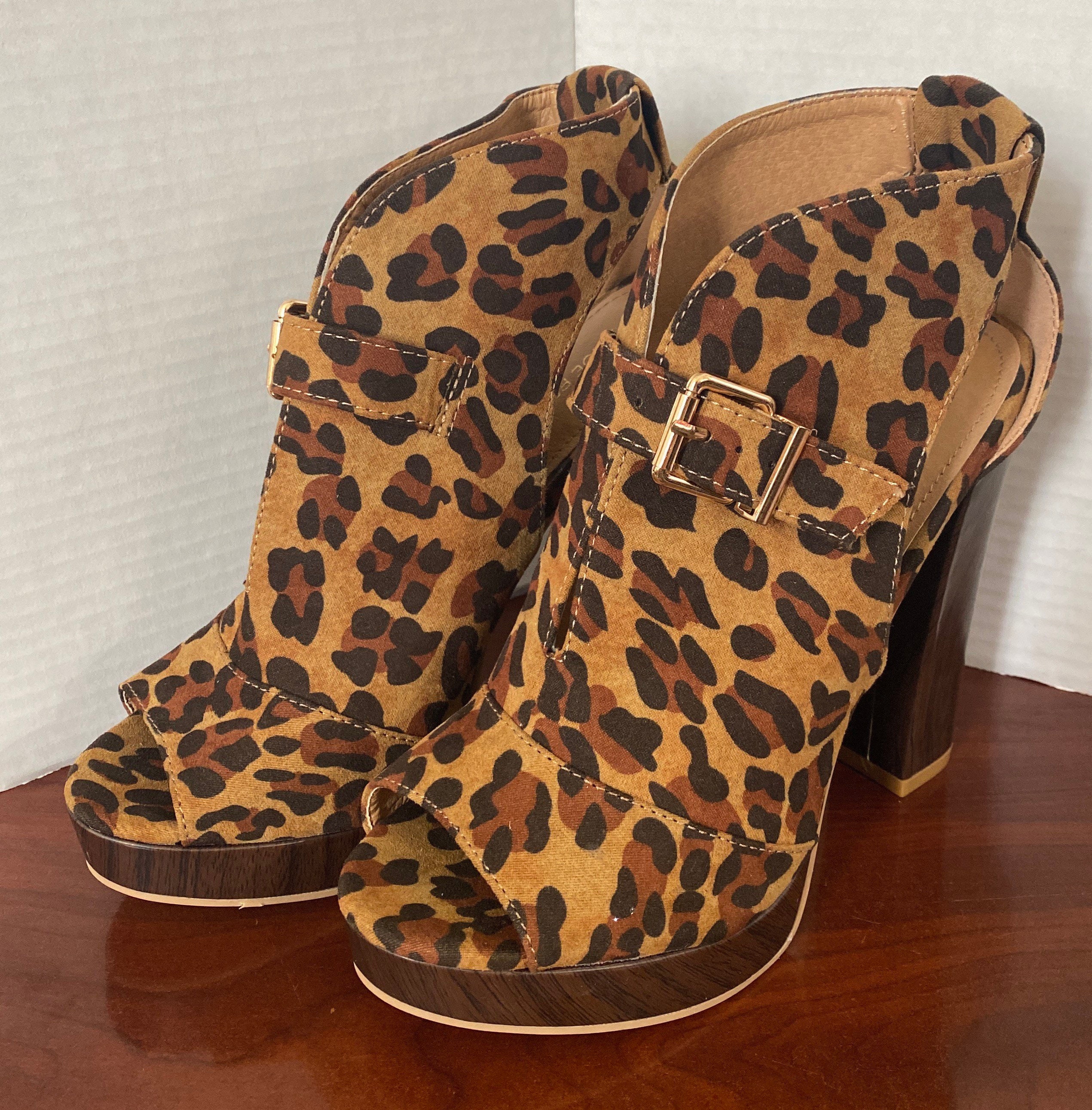 Leopard peep toe booties discount