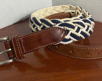 Vintage 90s Vineyard Vines Women’s Cotton Woven Braided and Leather Belt Solid Brass Buckle Size 30 Made in USA