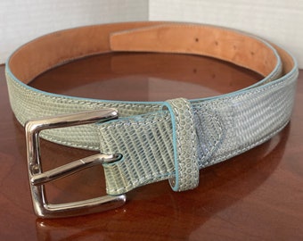 Vintage Light Green Leather Croc Print Western Belt and Solid Brass Buckle Men Size 38 Made in Italy