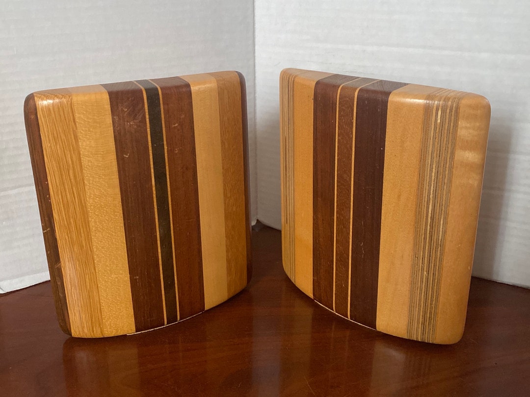 Vintage Mid Century Modern Brown and Tan Solid Wood With Inlay Curved